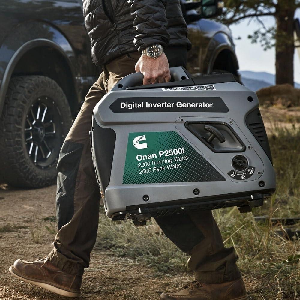 Cummins Onan P2500i Inverter Generator, 2500 Peak/2200 Running Watts, Ultra-Quiet 52 dBA, Portable Gas Powered, Parallel Ready, 10hr Runtime, Lightweight 48 lbs, RV & Camping, CARB/EPA Compliant