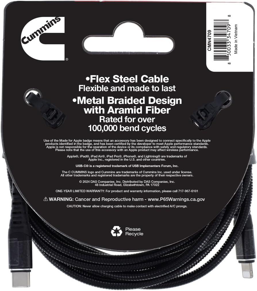 Cummins Lightning® to USB C® Flex Cable to Power Most Apple(R) Devices 8ft CMN4709(8 Feet)