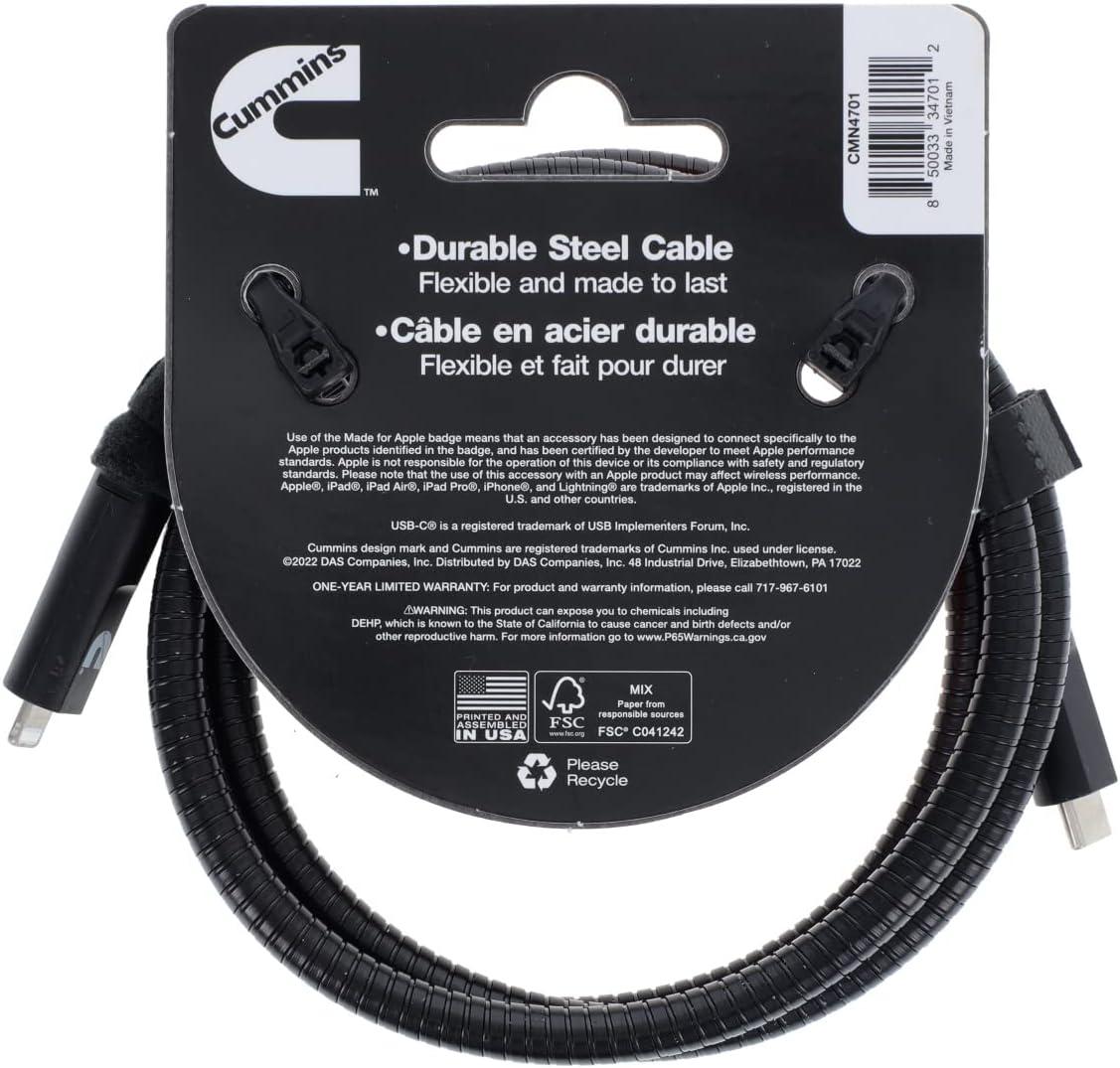 Cummins Steel Braided USB-C(R) Lightning(R) Charging Cord HD Steel Compatible with Apple(R) Devices 4ft CMN4701