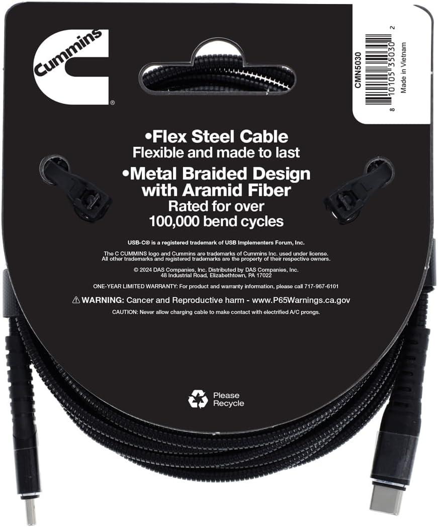 Cummins Long Charging Cable USB C® to USB C® CMN5030 Flex Cable to Power Most Android® Devices – 8ft