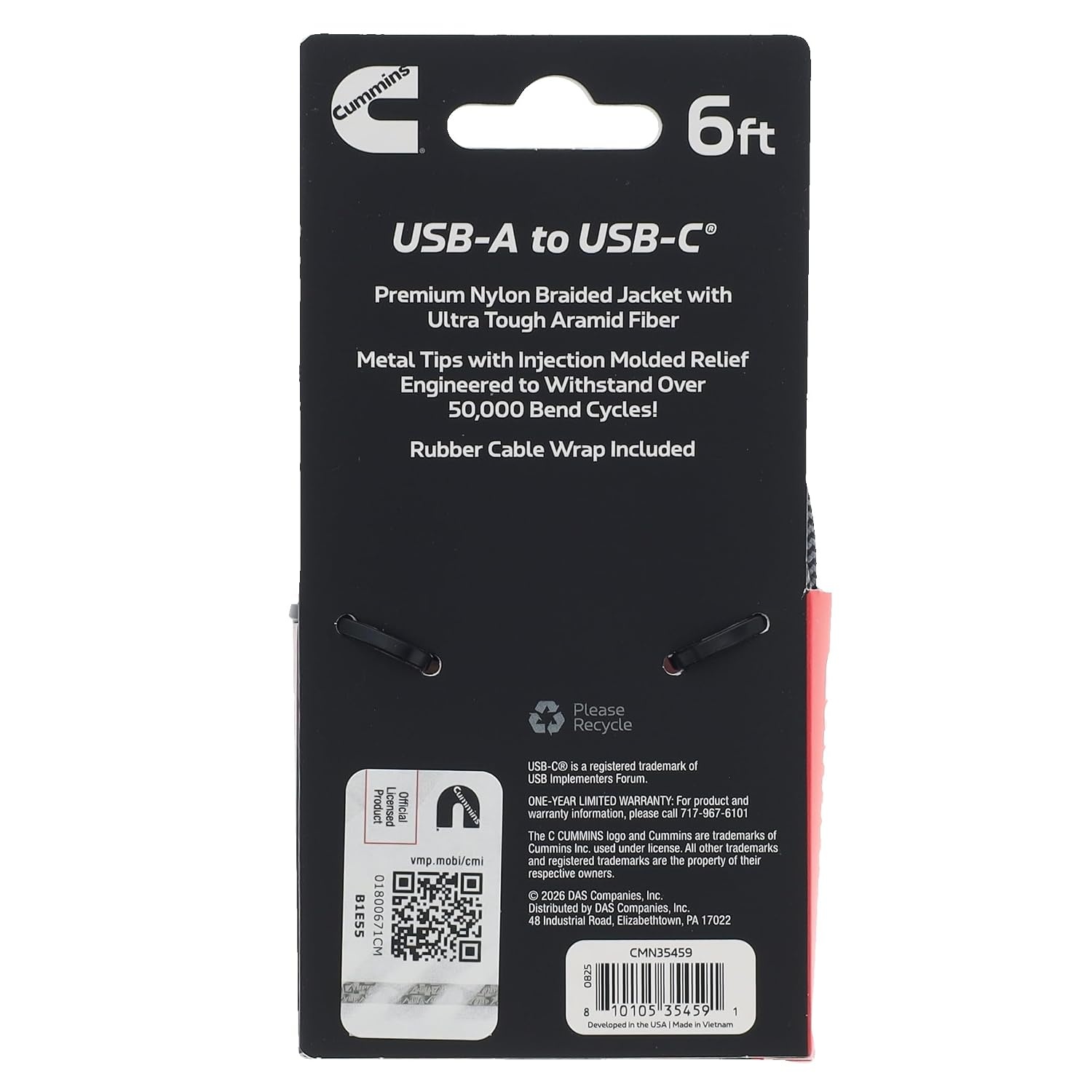 Cummins 6ft USB-A to USB-C Charging Cable Compatible with iPhone and Samsung, Premium Braided, Ultra-Durable Aramid Fiber