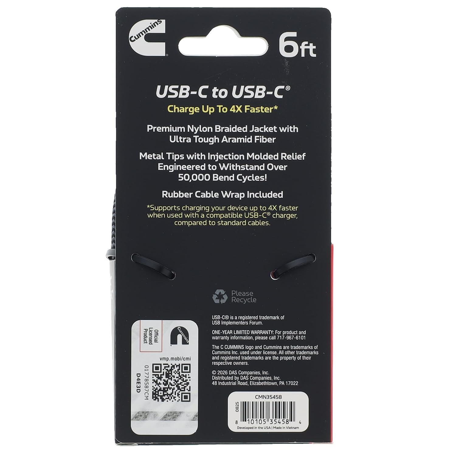 Cummins Braided USB-C to USB-C Cable, 6ft, Fast Charging and Sync, Compatible with iPhone and Samsung Galaxy