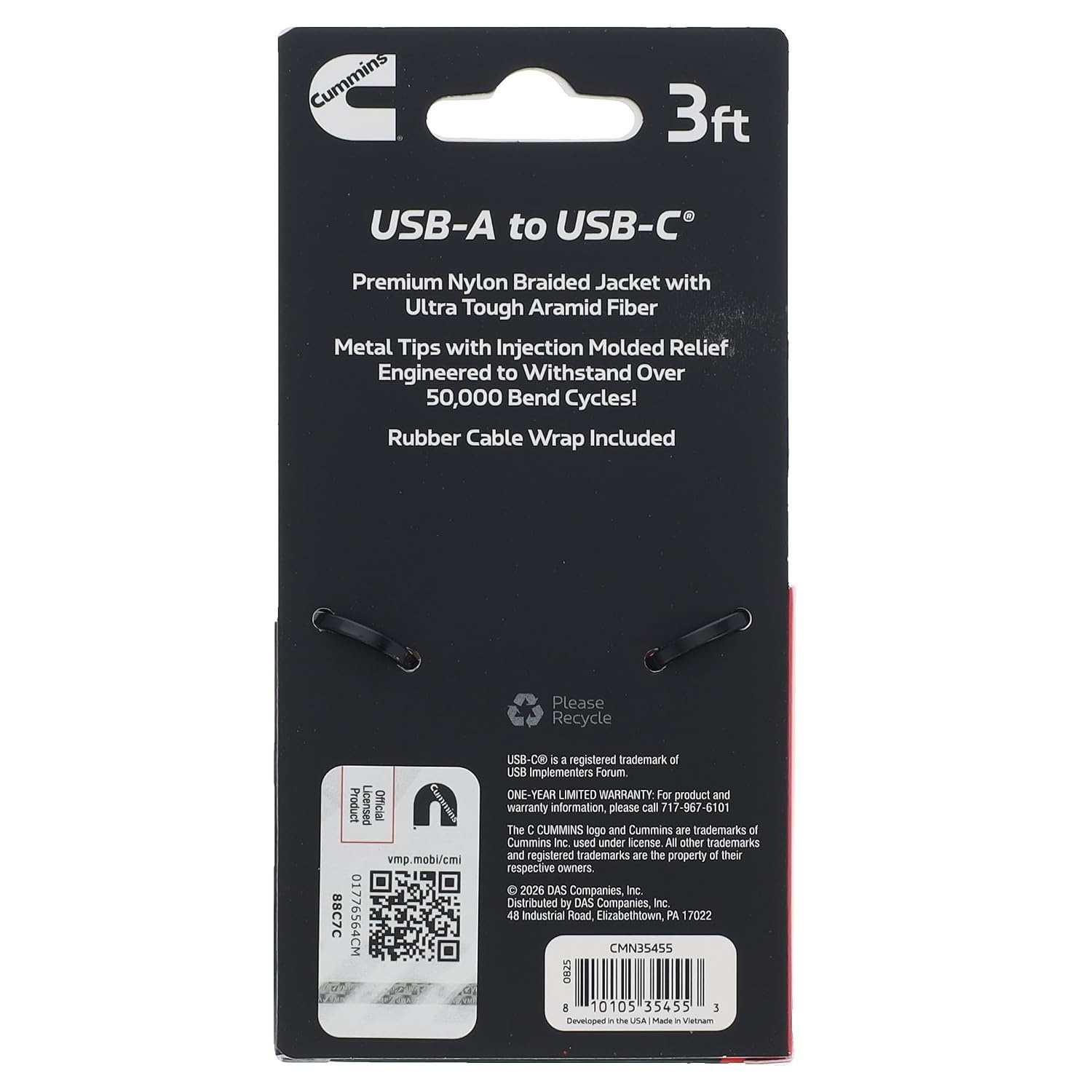 Cummins 3ft USB-A to USB-C Charging Cable, Compatible with iPhone and Samsung, Premium Braided Aramid Fiber, Ultra-Durable