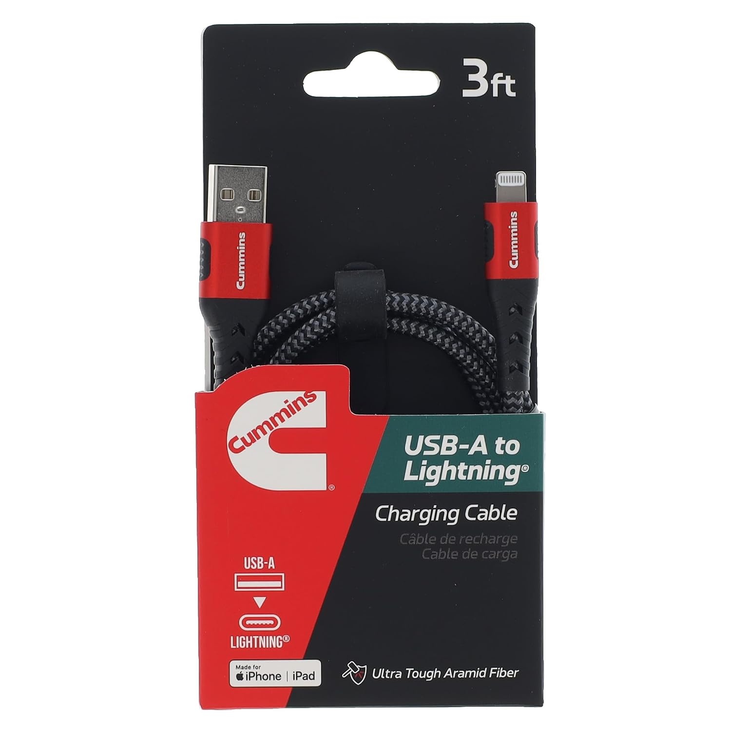 Cummins USB-A to Lightning Braided Charging Cable, 3 Foot, Nylon Braided, Aramid Fiber Core, Tangle-Free, Compatible with iPhone and iPad