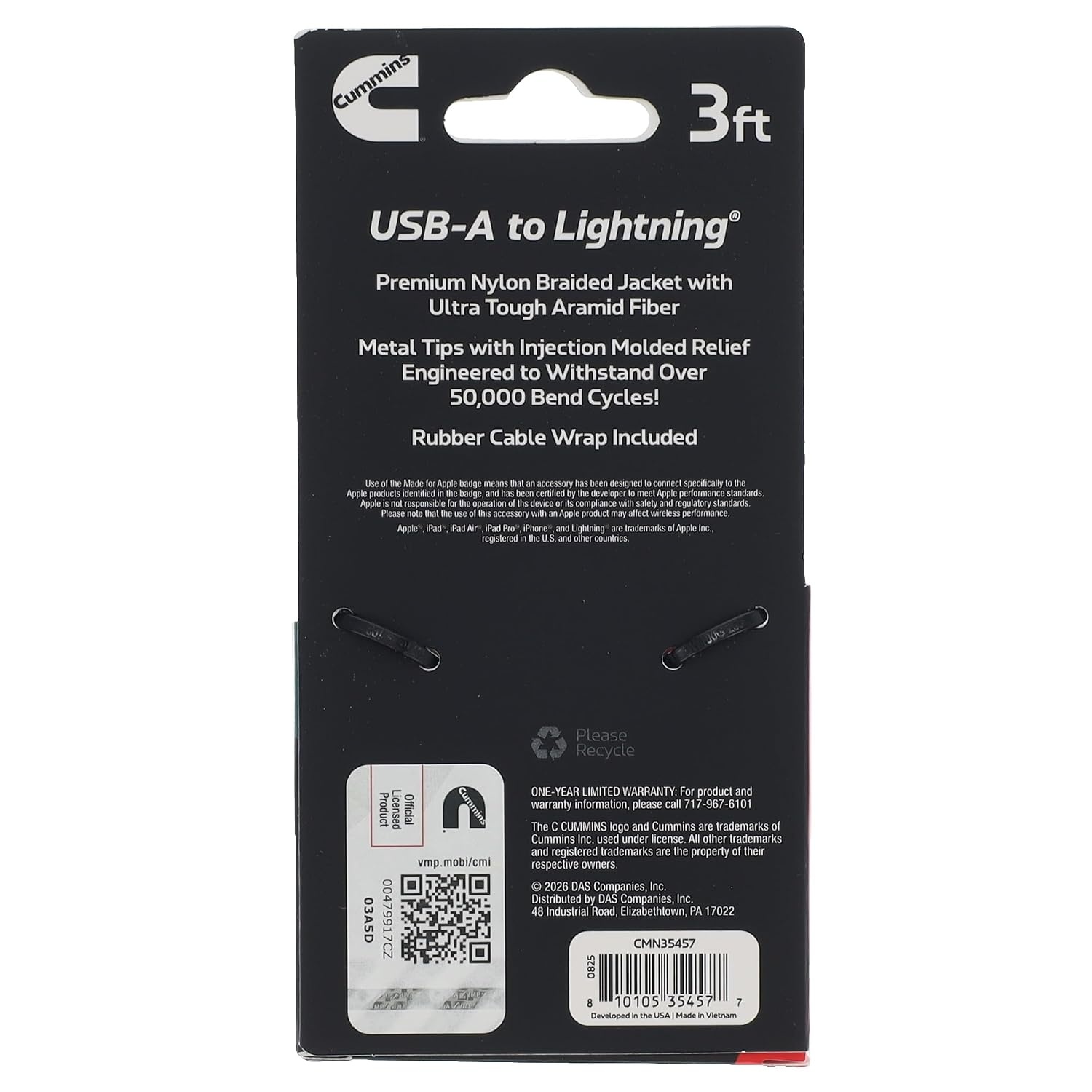 Cummins USB-A to Lightning Braided Charging Cable, 3 Foot, Nylon Braided, Aramid Fiber Core, Tangle-Free, Compatible with iPhone and iPad