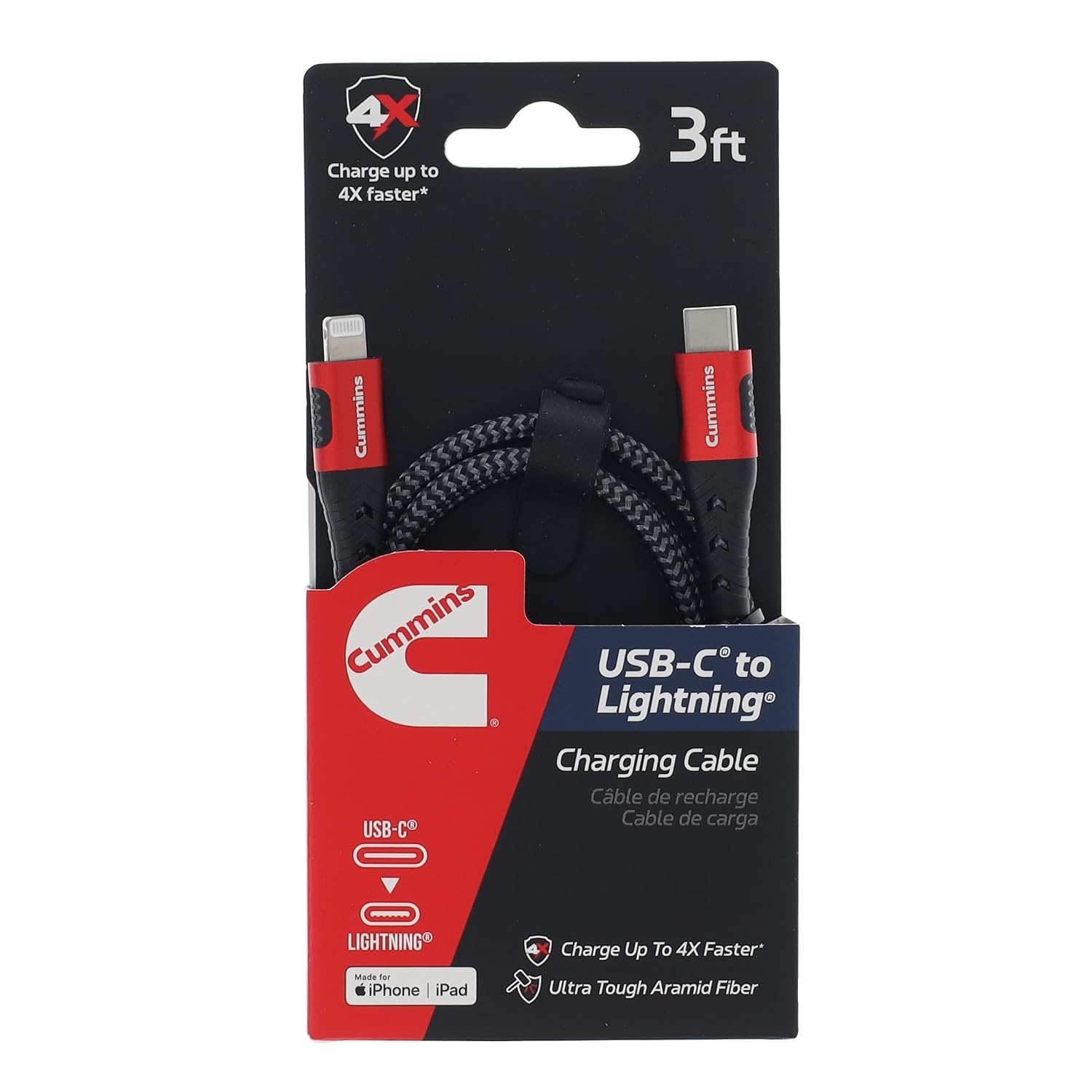 Cummins USB-C to Lightning Fast Charging Cable for Apple iPhone and iPad, Braided Aramid Fiber, 3ft, Red and Black