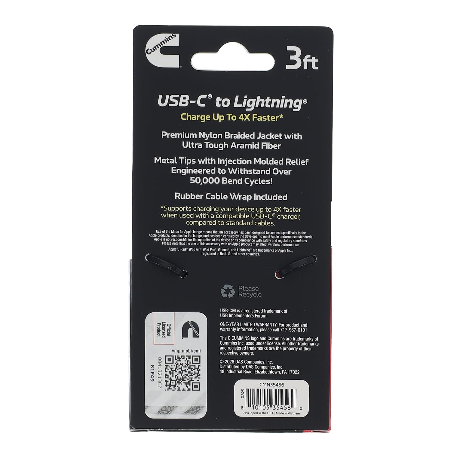 Cummins USB-C to Lightning Fast Charging Cable for Apple iPhone and iPad, Braided Aramid Fiber, 3ft, Red and Black