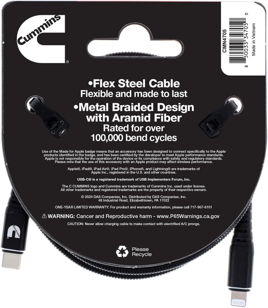Cummins Lightning® to USB C® Flex Cable to Power Most Apple(R) Devices 8ft CMN4709(4 Feet)