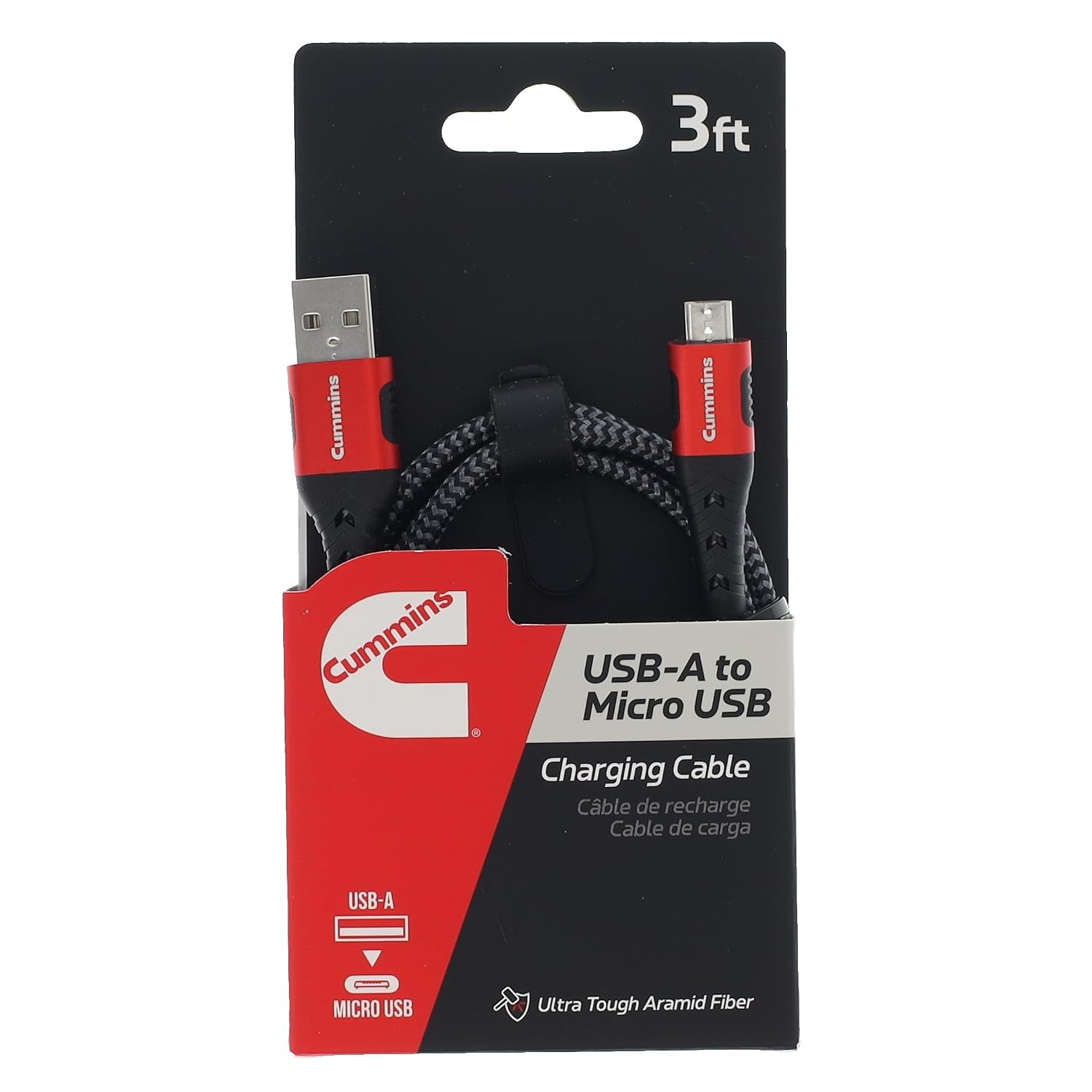 Cummins 3ft USB-A to Micro USB Charging Cable, Braided, Aramid Fiber, Aluminum Connectors, Tangle-Free