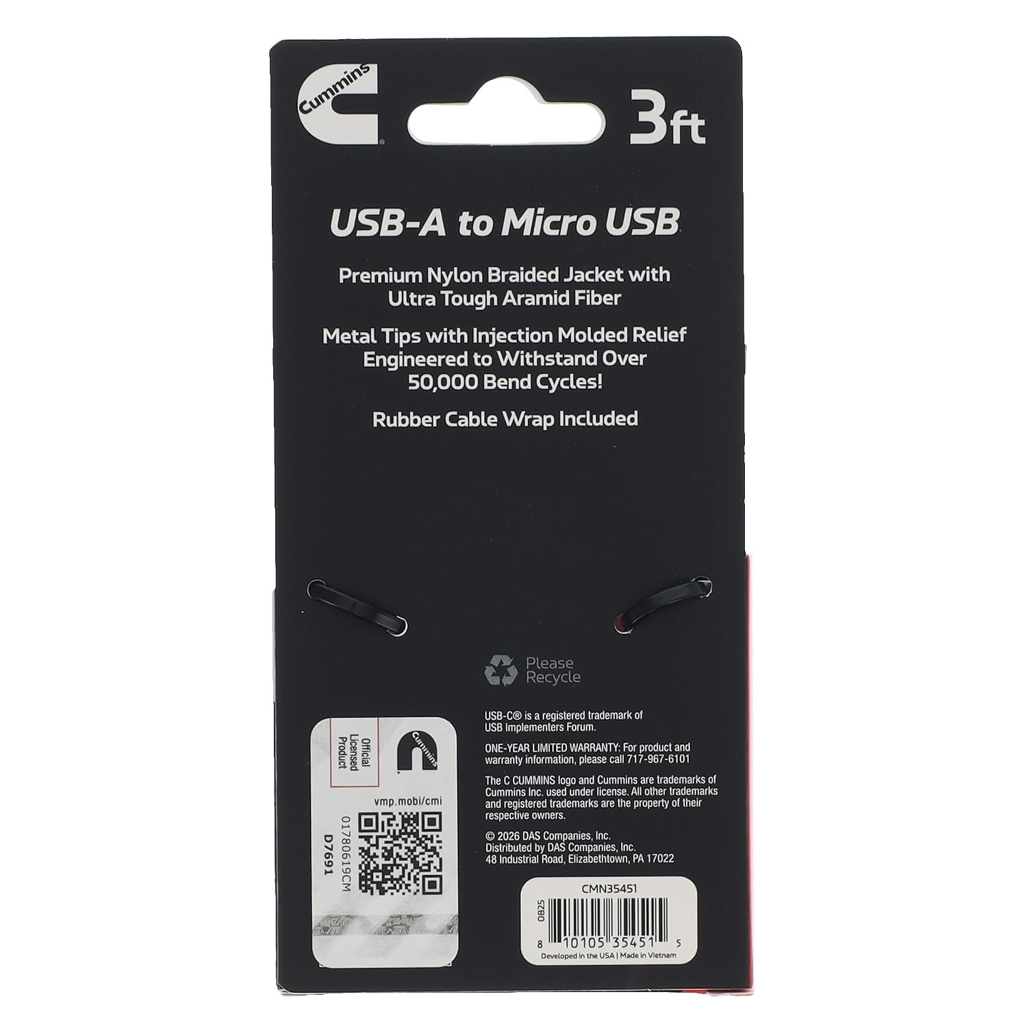 Cummins 3ft USB-A to Micro USB Charging Cable, Braided, Aramid Fiber, Aluminum Connectors, Tangle-Free