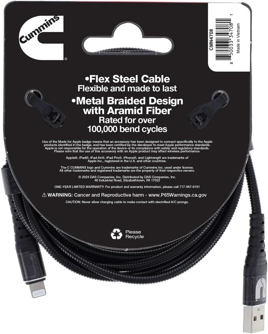 Cummins Lightning® to USB Cable MFi-Certified Compatible with Most Apple® Devices Plus Wrap Attachment 8ft CMN4708