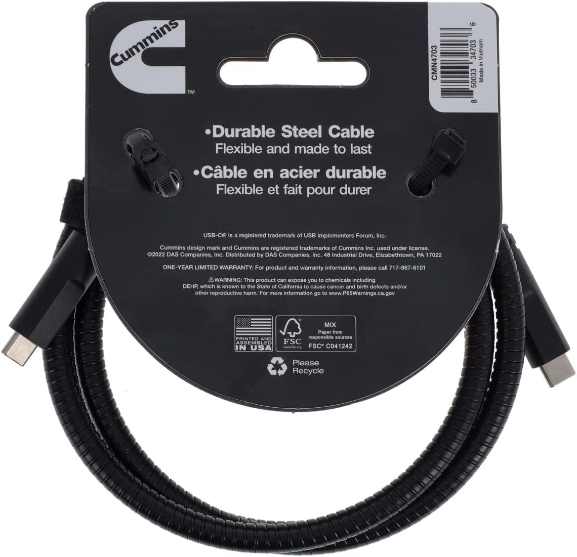 Cummins CMN4703 4 Foot USB-C to C Cable for Charging Android Devices Rugged Steel Charging Cord