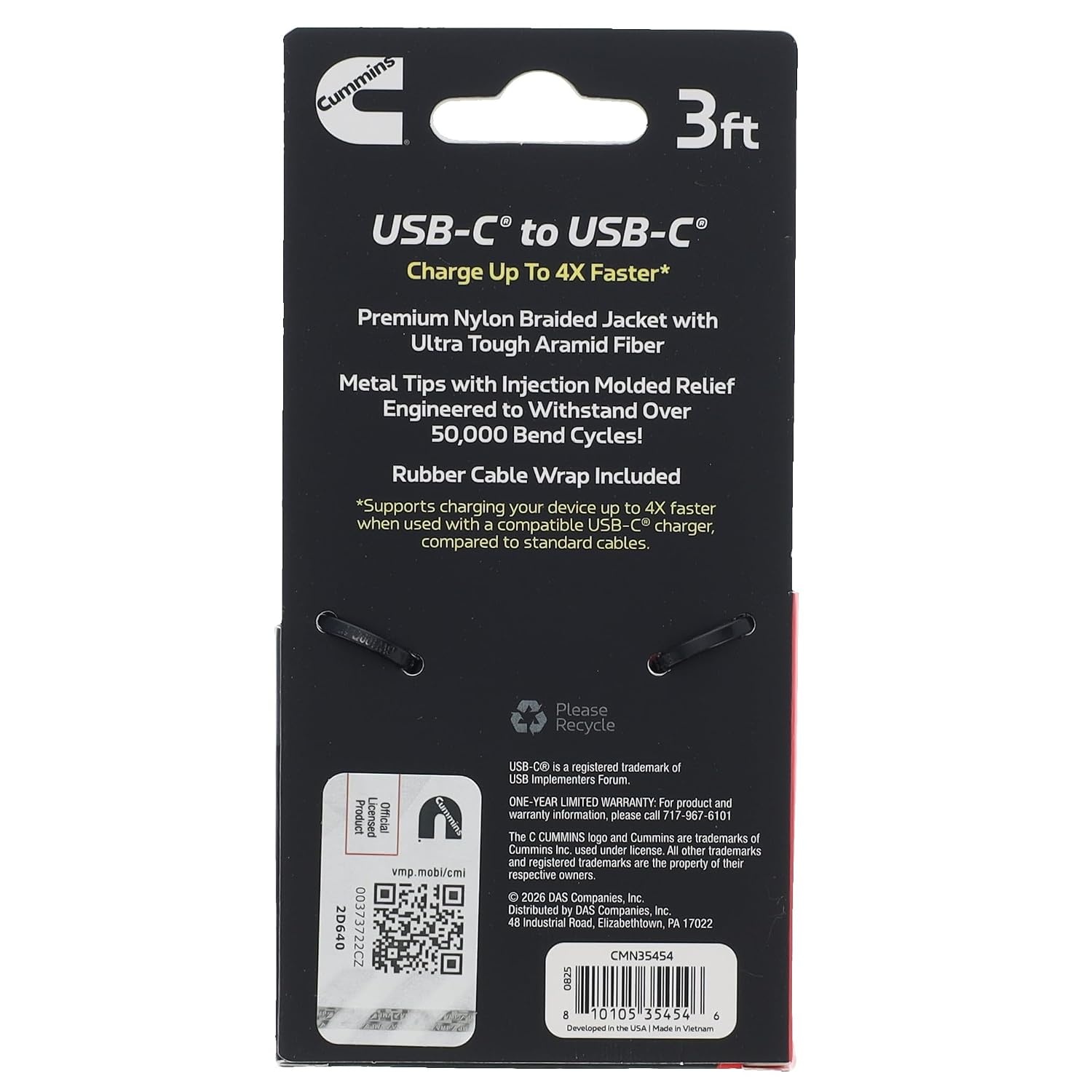 Cummins 3ft USB-C to USB-C Fast Charging Cable Compatible with iPhone and Samsung, Premium Braided Ultra-Durable Aramid Fiber