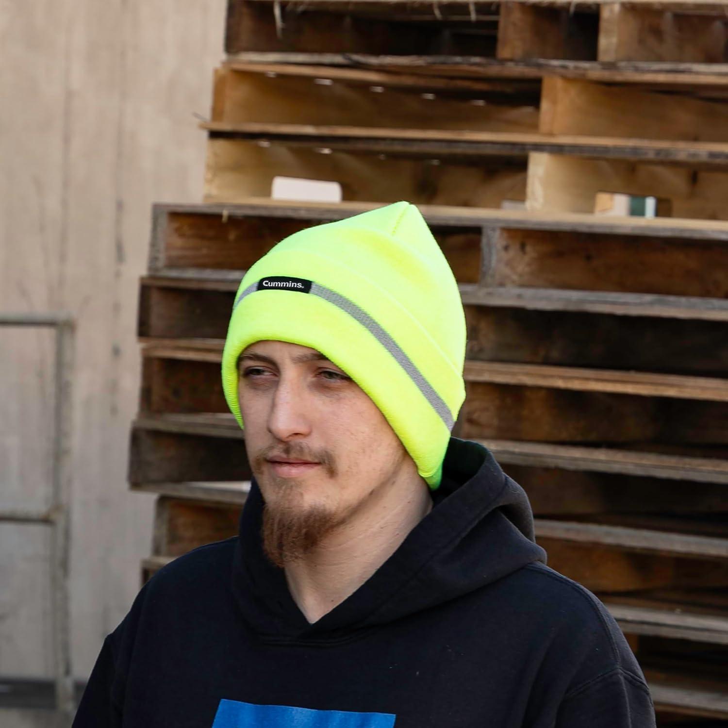 Cummins Winter Knit Beanie Hat Reflective Stripe Watch Cap Adult Mens or Womens, Hi Vis Yellow
