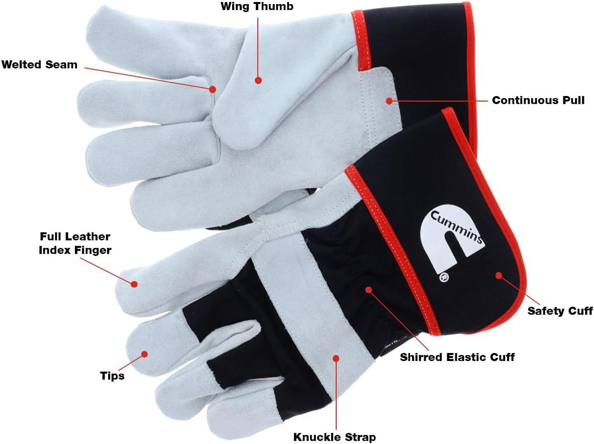 Cummins Split Leather Palm Gloves CMN35150 – Mens Leather Work Gloves Heavy Duty Warehouse Gloves for Men with Safety Cuff and Leather Palm – Large, White and Black(Large)