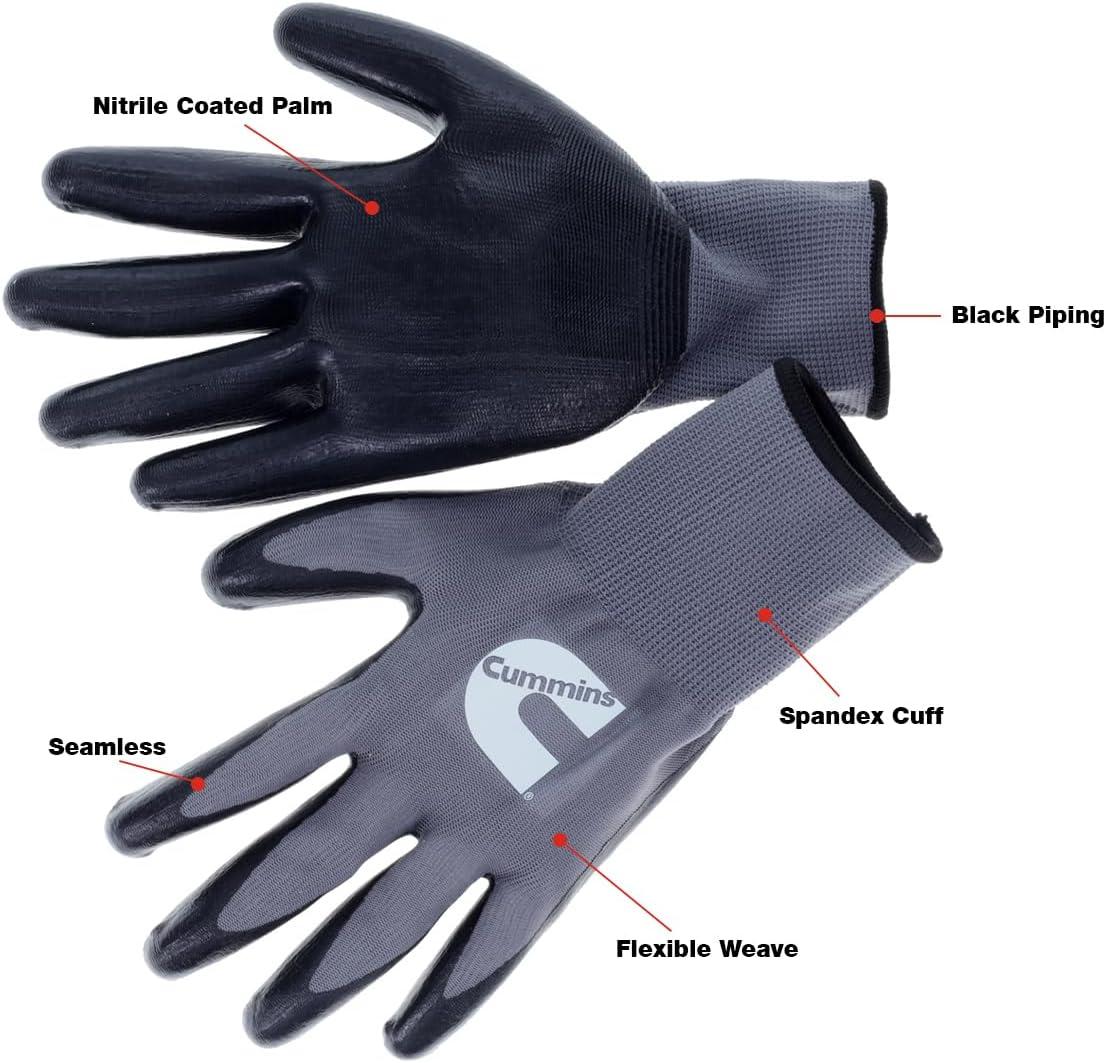Cummins Gray Nitrile Dipped Palm Gloves CMN35153 – Nonslip Coated Work Gloves Gardening PPE All-Purpose Grip Hi Flex – Large