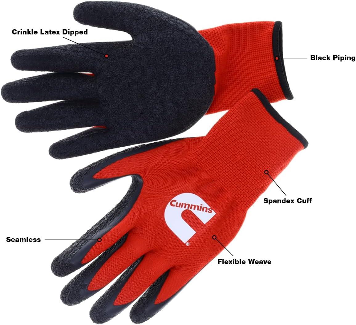 Cummins Red Latex Dipped Palm Gloves – Textured Work Gloves, Large, Gardening, Construction, Farming(Red)