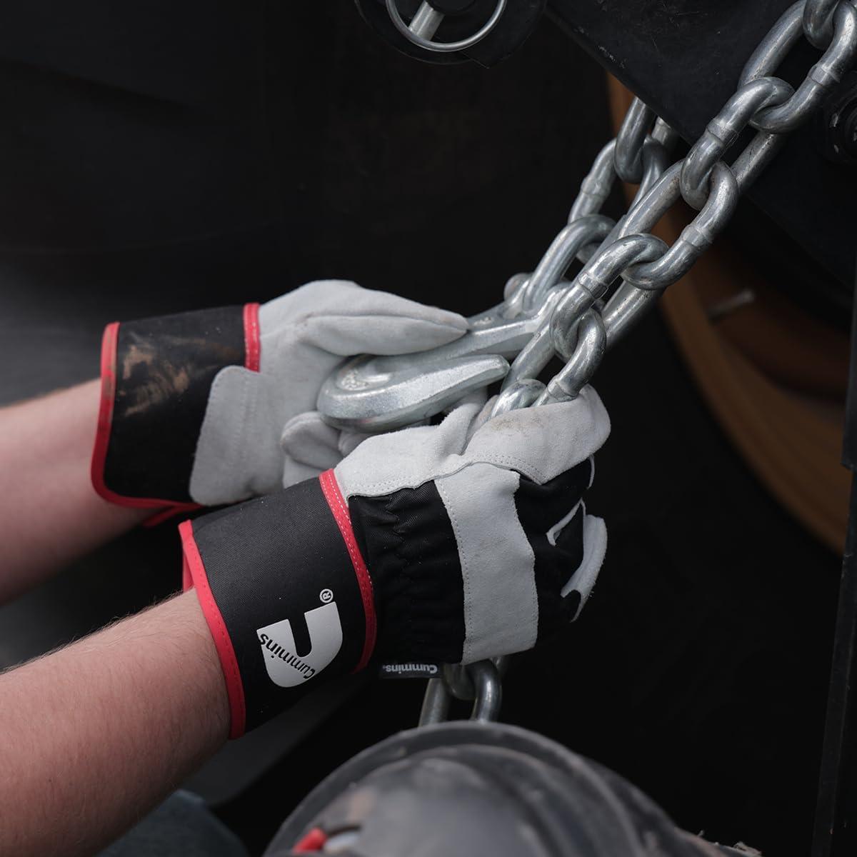 Cummins Split Leather Palm Gloves CMN35150 – Mens Leather Work Gloves Heavy Duty Warehouse Gloves for Men with Safety Cuff and Leather Palm – Large, White and Black(X-Large)