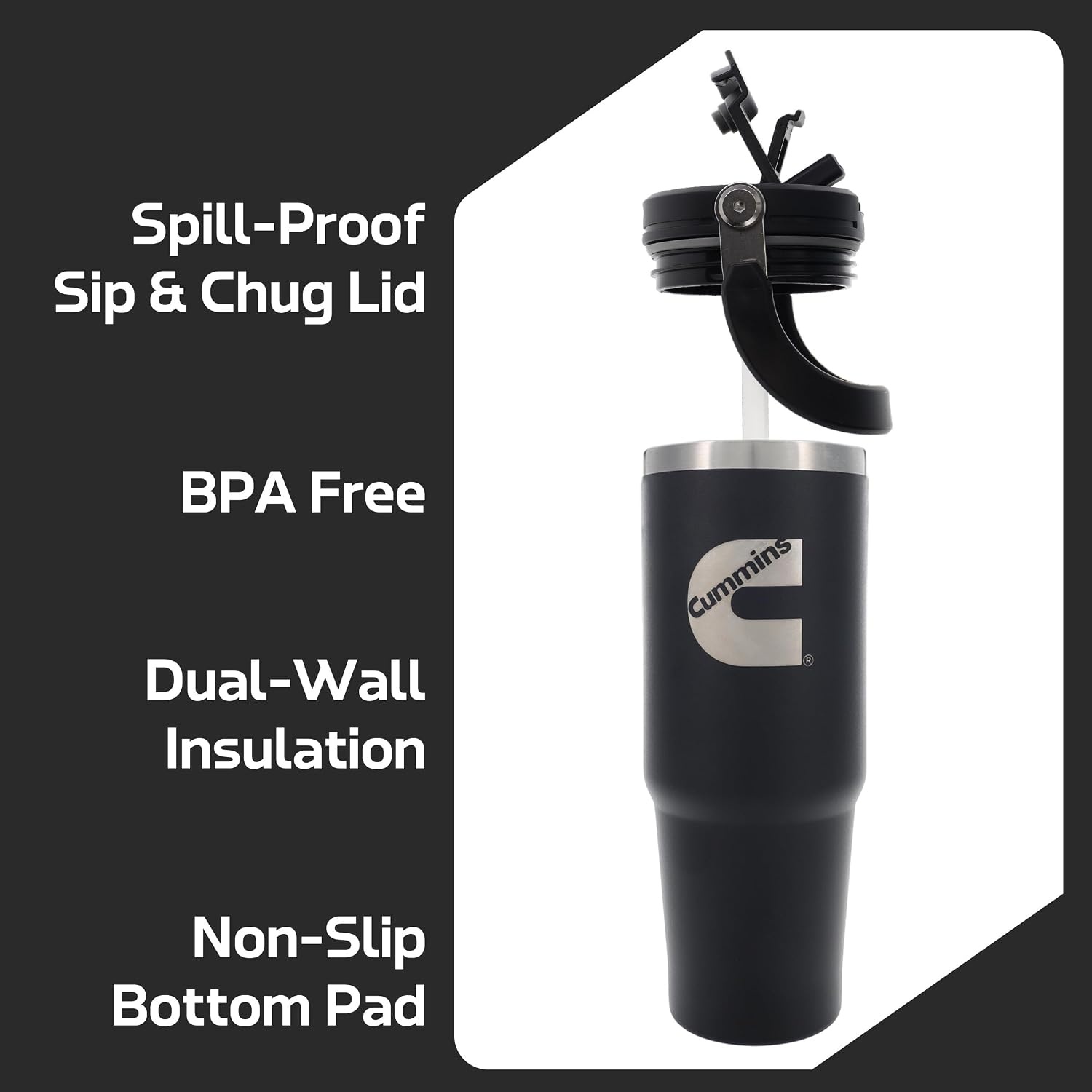Cummins CMN35401 2 in 1 Tumbler with Flip Lid and Straw 30-Ounce Tumbler with Handle Stainless Steel Travel Mug-Black