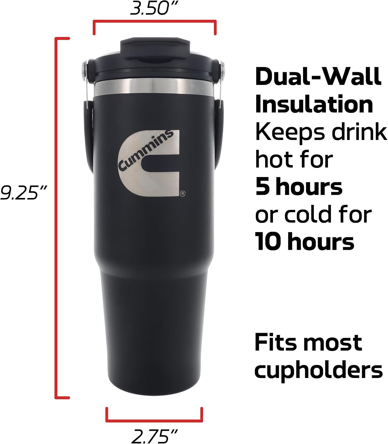 Cummins CMN35401 2 in 1 Tumbler with Flip Lid and Straw 30-Ounce Tumbler with Handle Stainless Steel Travel Mug-Black