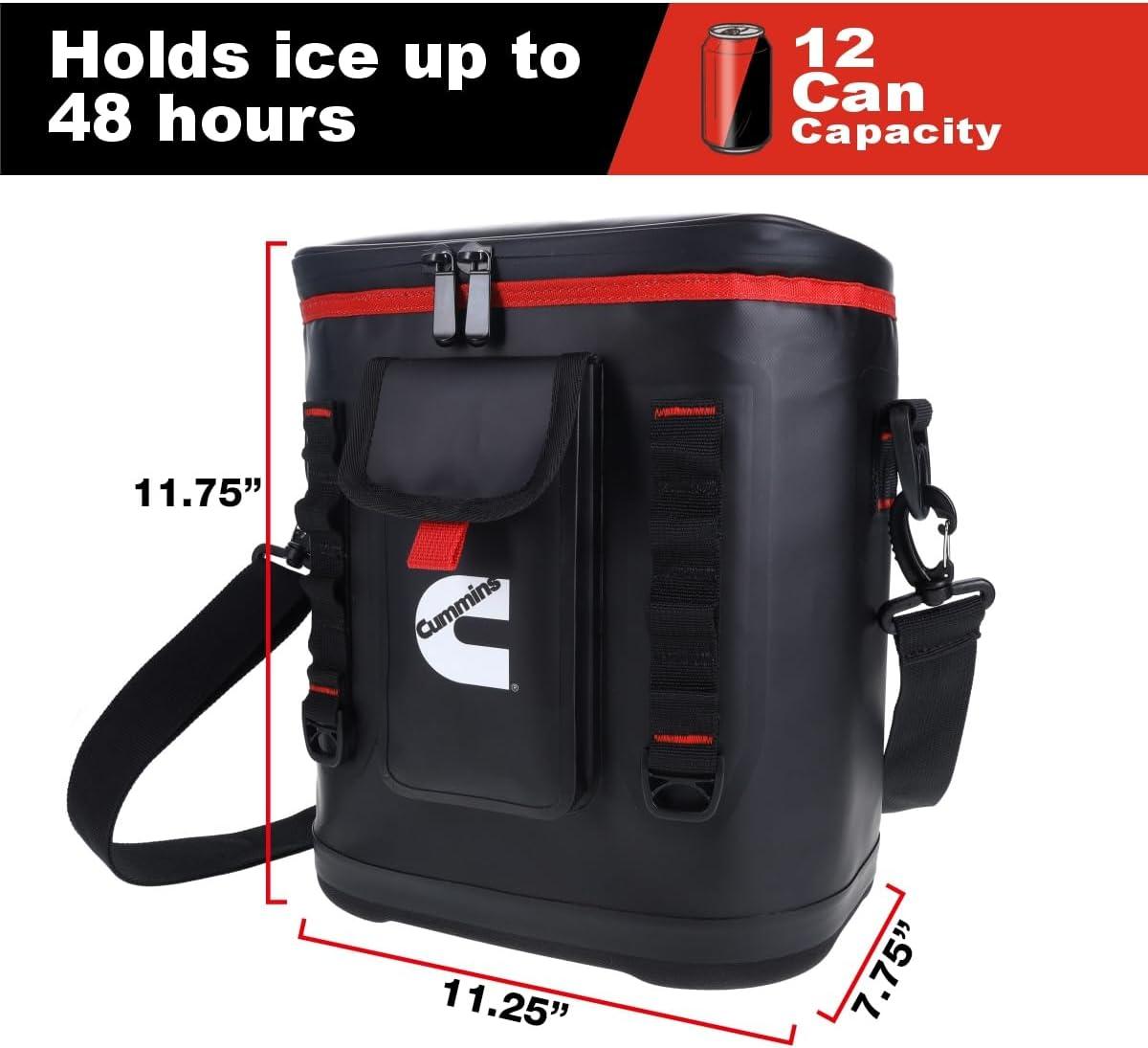 Cummins Portable Soft Cooler Bag CMN34718 12-Can Double-Laminated Insulated Cooler with Strap, 48-Hour Ice Retention Adult Insulated Thermal Bag for Work Camp Beach – Black