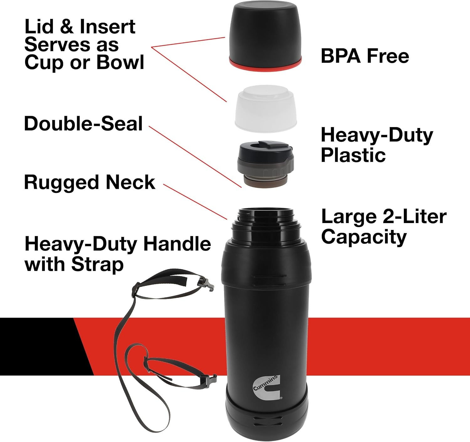 Cummins CMNTHERMOSSS Large 2-Liter Stainless Steel Insulated Water Bottle 67-Ounce Vacuum-Insulated Thermal-Chrome and Red(Black)