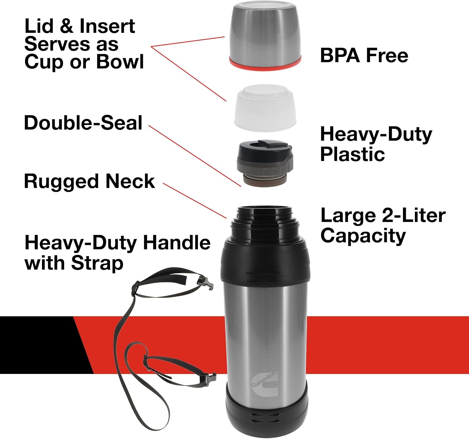 Cummins CMNTHERMOSSS Large 2-Liter Stainless Steel Insulated Water Bottle 67-Ounce Vacuum-Insulated Thermal-Chrome and Red(Silver)
