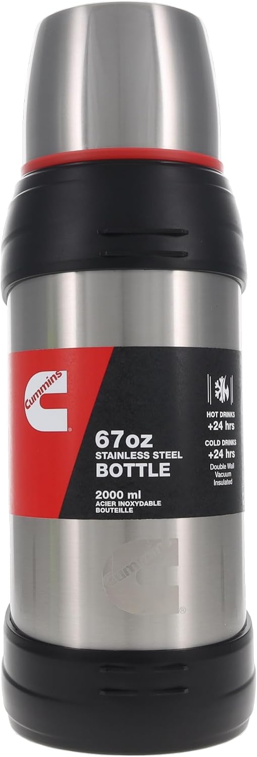 Cummins CMNTHERMOSSS Large 2-Liter Stainless Steel Insulated Water Bottle 67-Ounce Vacuum-Insulated Thermal-Chrome and Red(Silver)