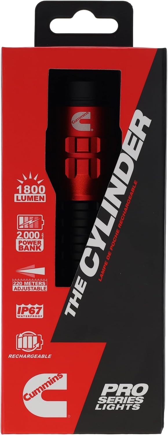 Cummins CMN35361 Pro Series Cylinder P50 LED Rechargeable Flashlight 1800 Lumen LED Multiple Light Modes Plus Power Bank