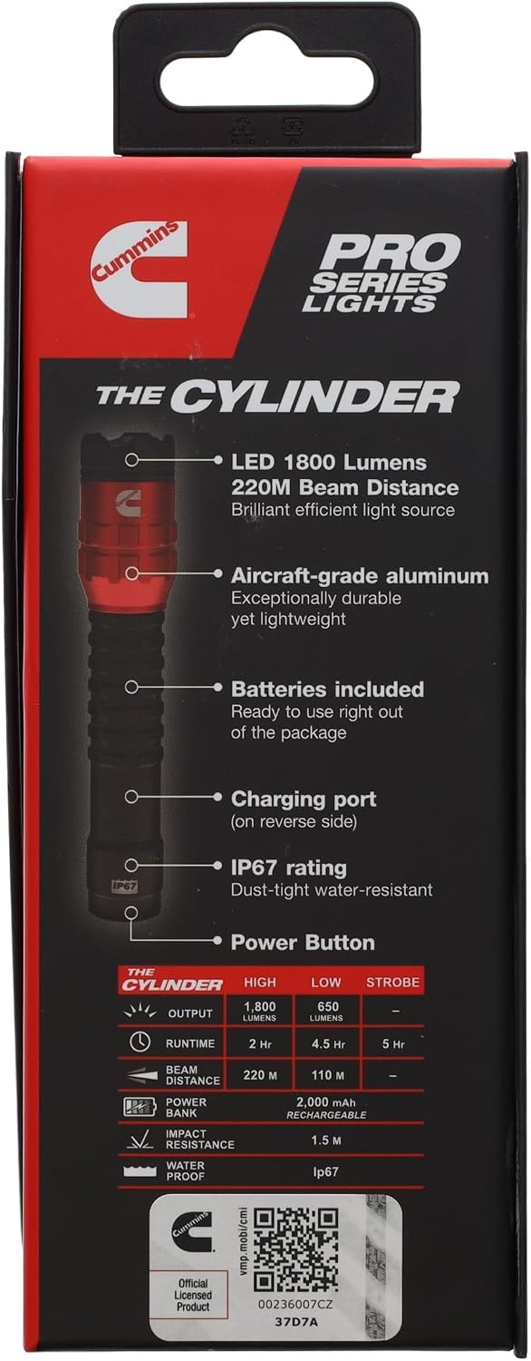 Cummins CMN35361 Pro Series Cylinder P50 LED Rechargeable Flashlight 1800 Lumen LED Multiple Light Modes Plus Power Bank