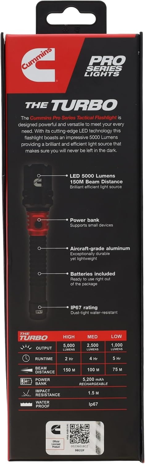 Cummins CMN35359 Pro Series 60W COB Rechargeable Flashlight High Lumen 5000 Lumen LED Multiple Light Modes Plus Power Bank