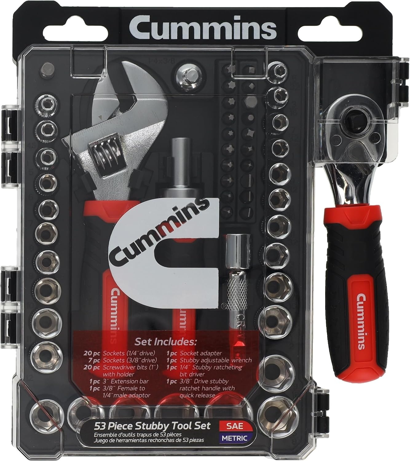 Cummins 53 Piece Stubby Tool Set, Hand Tools with Sockets, Screwdriver Bits, Adjustable Wrench, Ratcheting Bit Driver, SAE and Metric