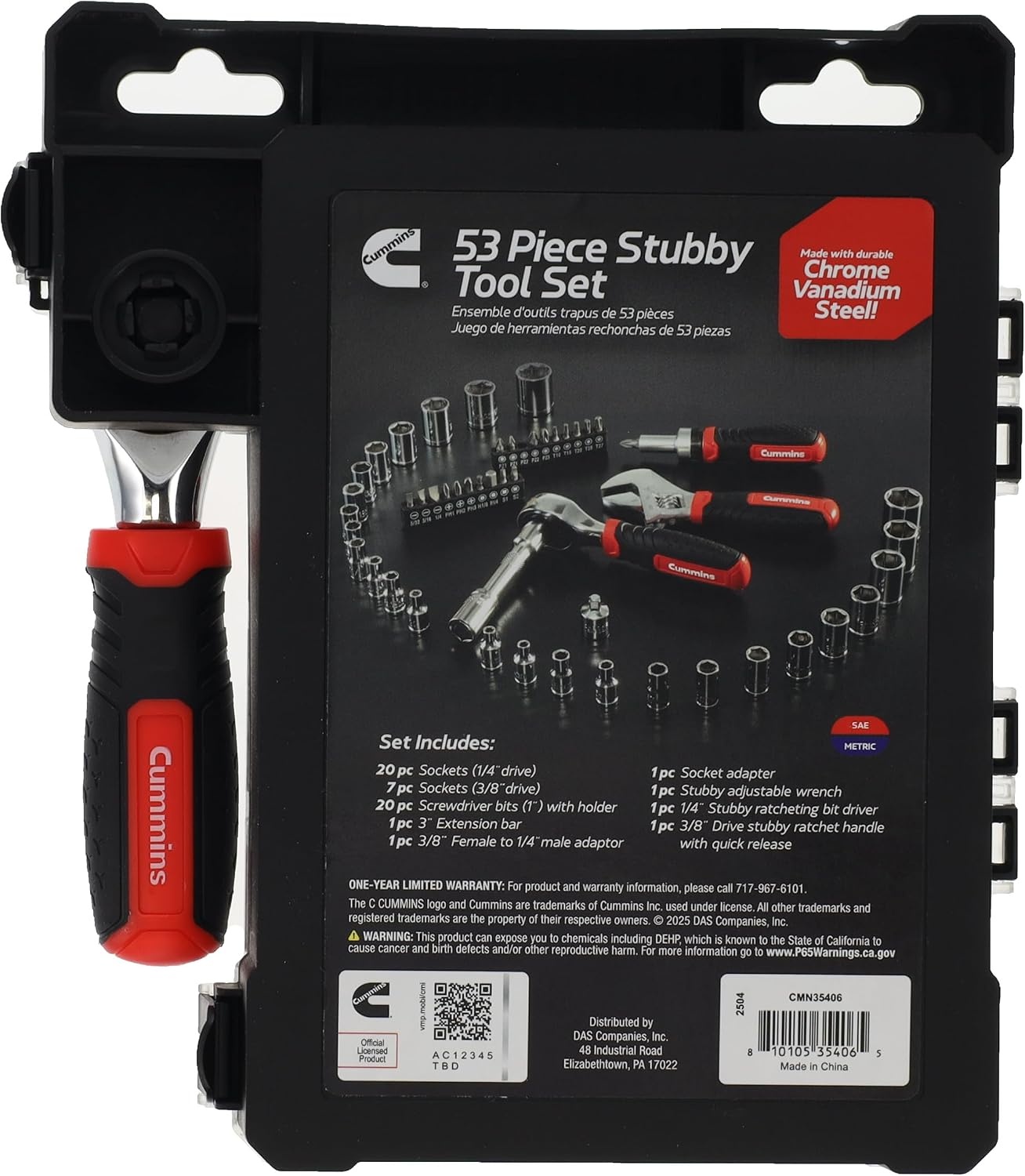 Cummins 53 Piece Stubby Tool Set, Hand Tools with Sockets, Screwdriver Bits, Adjustable Wrench, Ratcheting Bit Driver, SAE and Metric