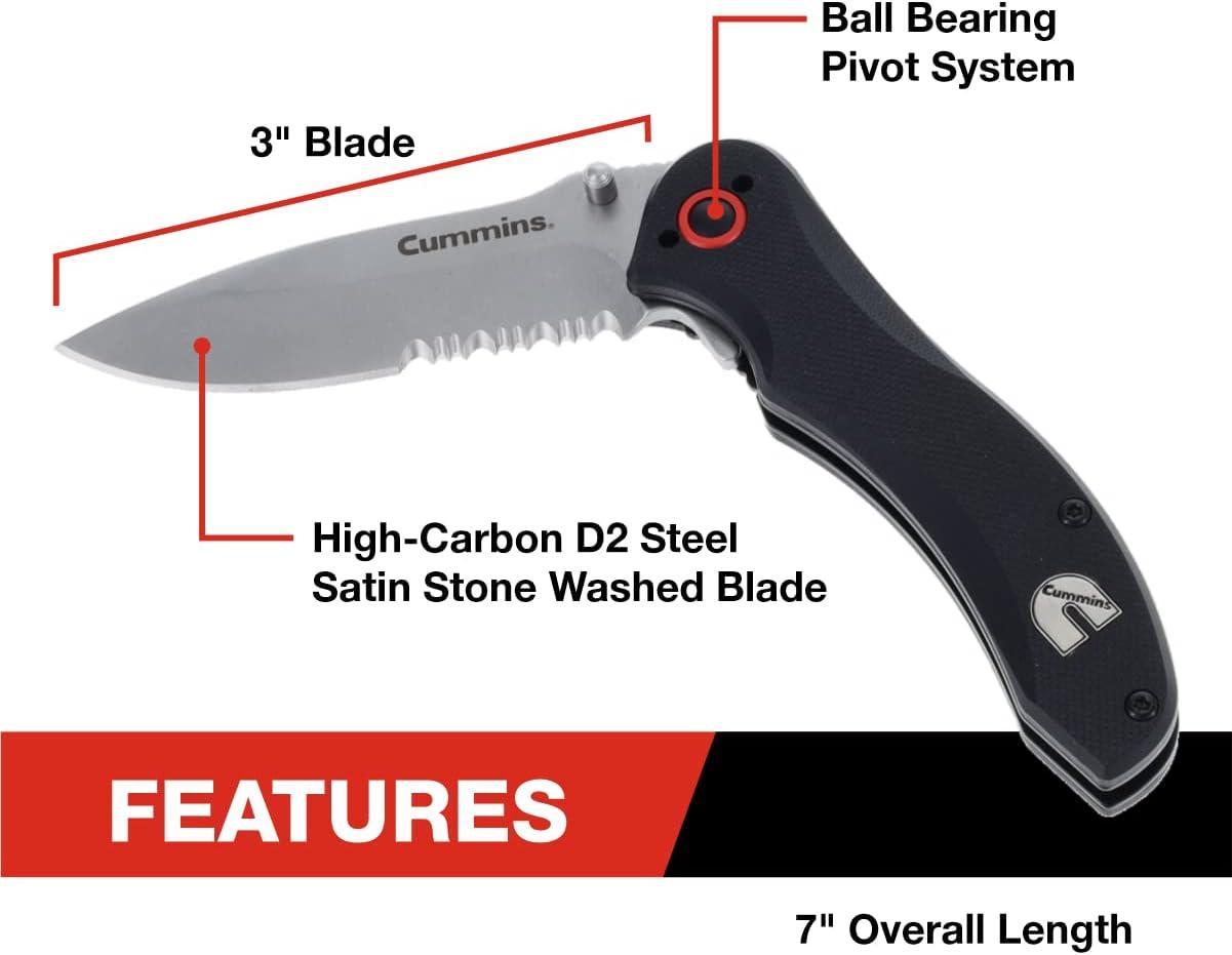 Cummins Serrated Blade D2 Steel Pocket Knife 3-inch CMN4726 – Lightweight Folding Knife Survival Tactical EDC- Black