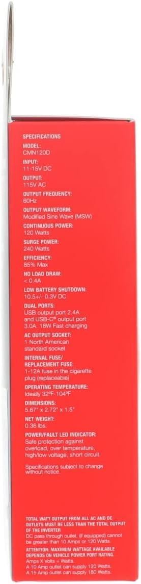 Cummins 120 Watt Cupholder Inverter with Dual AC Outlets DC to AC Car Inverter 12v to 110v CMN120C(CMN120D)