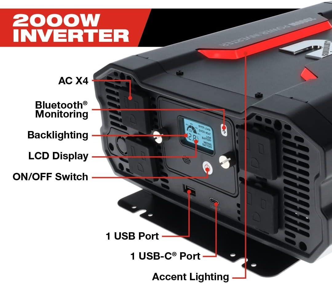 Cummins 3000 Watts Inverter Modified Sine Wave Truck Inverter 12 Volts to 110 Volts Four AC Outlets Two USB Ports (Plus Cable Kit)- CMN3000W – Inverters for Vehicles, Van Life, Camping(2000 Watts)
