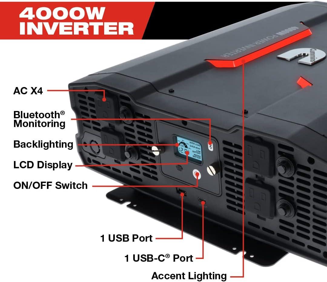 Cummins 3000 Watts Inverter Modified Sine Wave Truck Inverter 12 Volts to 110 Volts Four AC Outlets Two USB Ports (Plus Cable Kit)- CMN3000W – Inverters for Vehicles, Van Life, Camping(4000 Watts)
