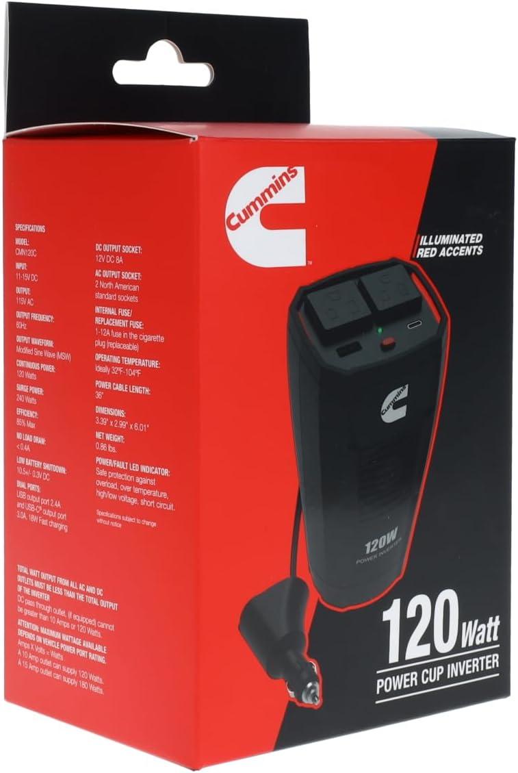 Cummins 120 Watt Cupholder Inverter with Dual AC Outlets DC to AC Car Inverter 12v to 110v CMN120C(CMN120C)