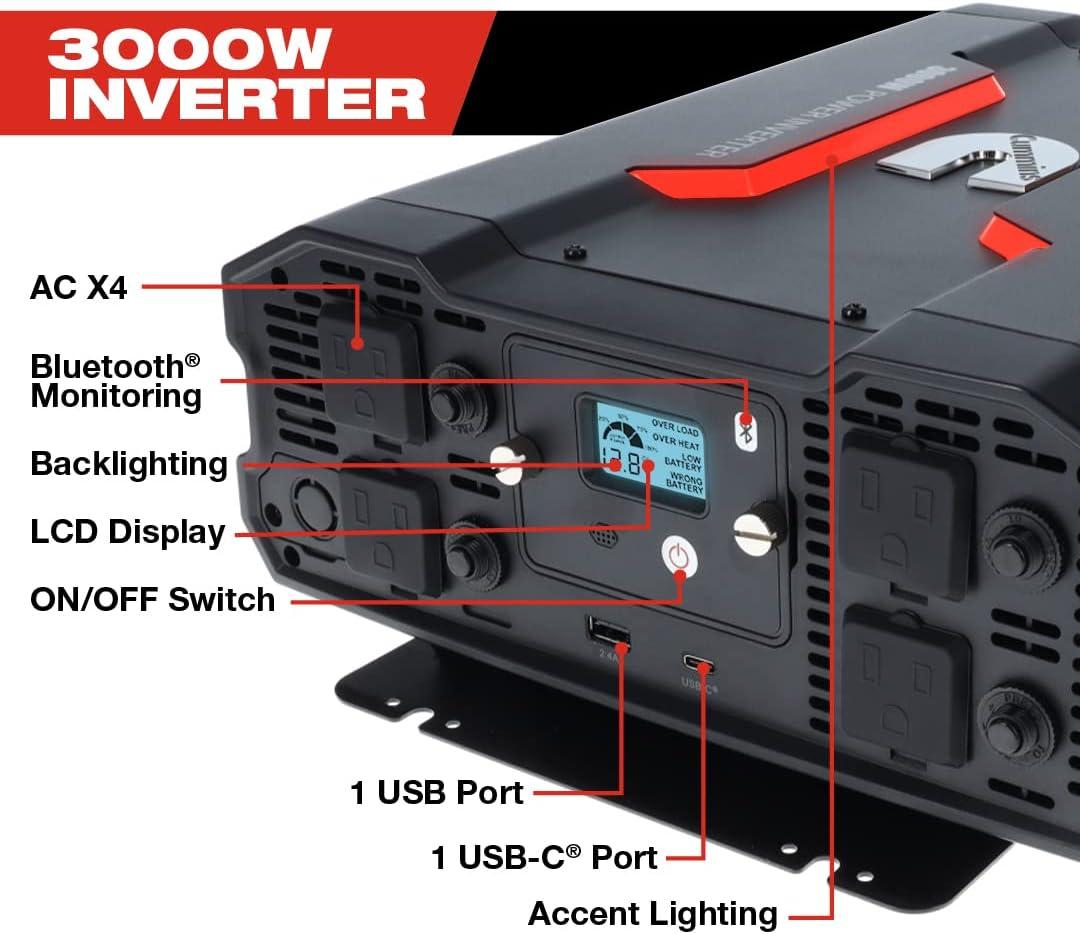 Cummins 3000 Watts Power Inverter Modified Sine Wave Truck Inverter 12 Volts to 110 Volts Four AC Outlets Two USB Ports (Plus Cable Kit)- CMN3000W – Inverters for Vehicles, Van Life, Camping (Renewed)
