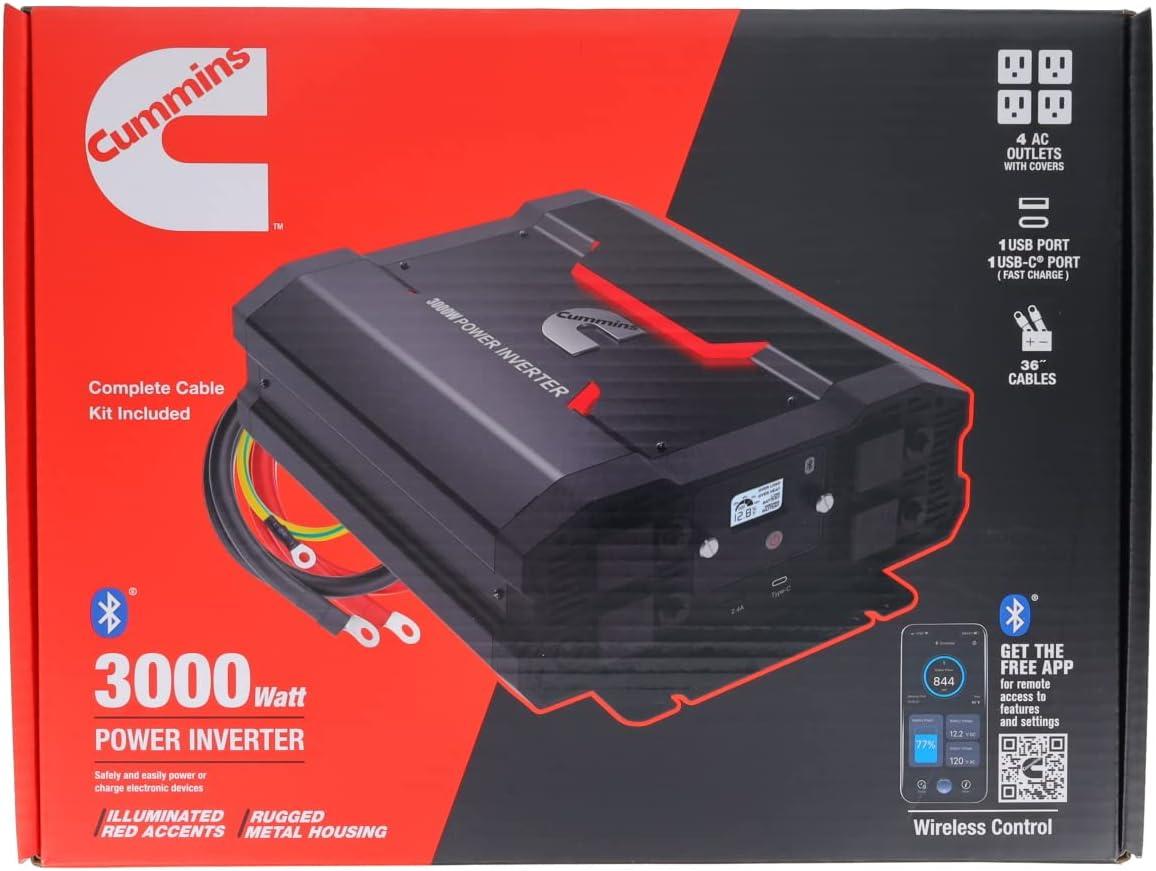 Cummins 3000 Watts Power Inverter Modified Sine Wave Truck Inverter 12 Volts to 110 Volts Four AC Outlets Two USB Ports (Plus Cable Kit)- CMN3000W – Inverters for Vehicles, Van Life, Camping (Renewed)